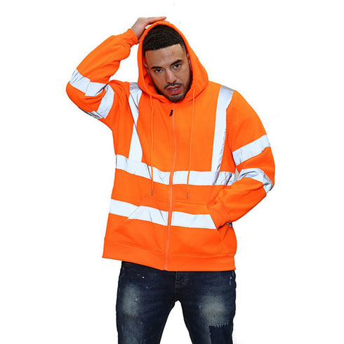 Class 3 Reflective Tape Safety Zipper Hoodie With Kangaroo Pocket | Safety orange