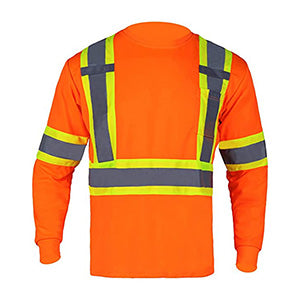 Reflective Tape Safety T-Shirt W/ Pocket & Dual Mic Tab | Front side | Safety orange