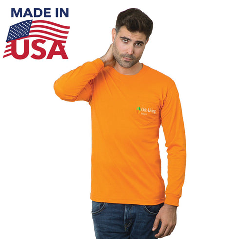 Non-ANSI USA Made Poly-Cotton Safety Long Sleeve T-Shirt With Pocket | Safety orange