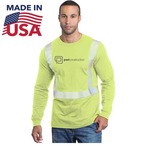 USA Made Poly-Cotton Class 2 Safety Long Sleeve T-Shirt | Safety yellow