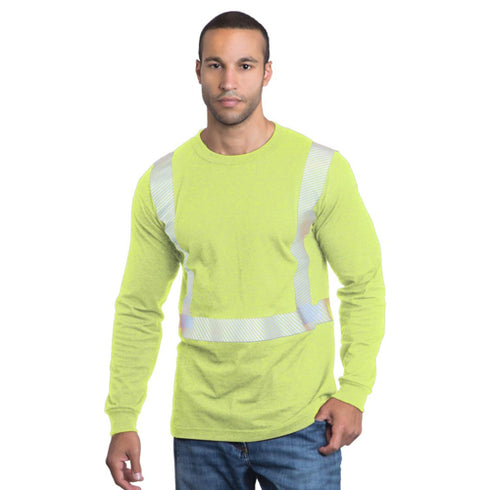 USA Made Class 2 Poly-Cotton Segmented Safety Long Sleeve T-Shirt | Safety yellow