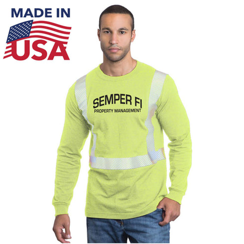 USA Made Class 2 Poly-Cotton Segmented Safety Long Sleeve T-Shirt | Safety yellow