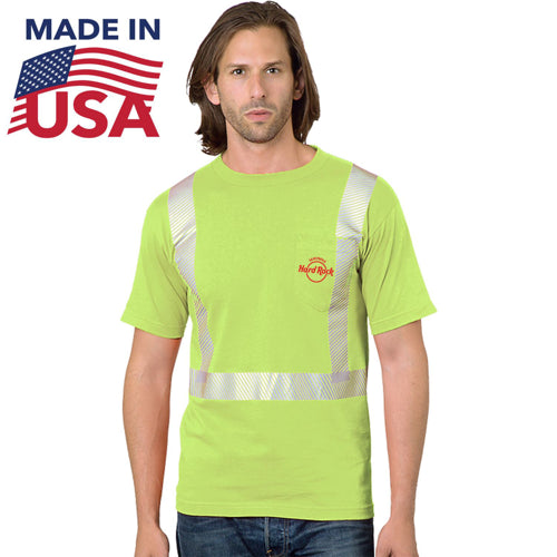 USA Made Class 2 Poly-Cotton Segmented Safety T-Shirt With Pocket | Safety yellow