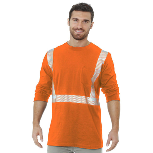 USA Made Cotton Class 2 Segmented Safety Long Sleeve T-Shirt With Pocket | Safety orange