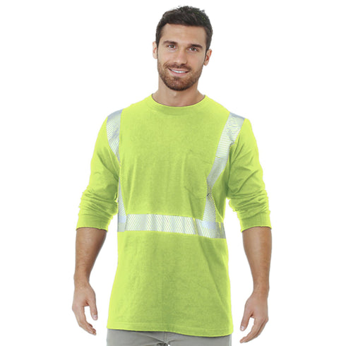 USA Made Cotton Class 2 Segmented Safety Long Sleeve T-Shirt With Pocket | Safety yellow