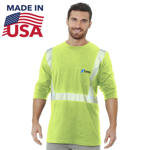 USA Made Cotton Class 2 Segmented Safety Long Sleeve T-Shirt With Pocket | Safety yellow
