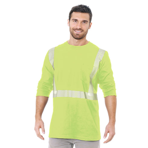 USA Made Class 2 Poly-Cotton Segmented Safety Long Sleeve T-Shirt | Safety yellow