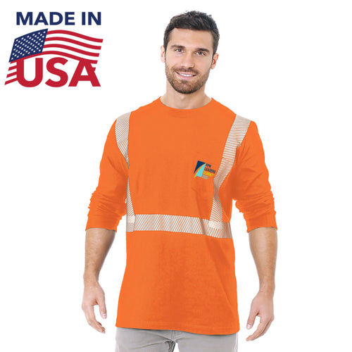 USA Made Class 2 Poly-Cotton Segmented Safety Long Sleeve T-Shirt | Safety orange