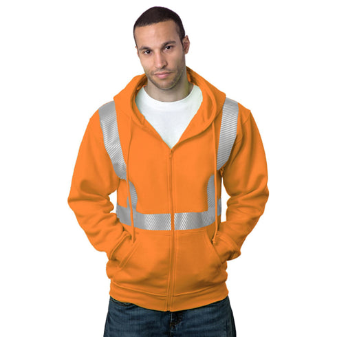 USA Made Class 2 Pre-Shrunk Segmented Safety Full Zip Hoodie | Safety orange