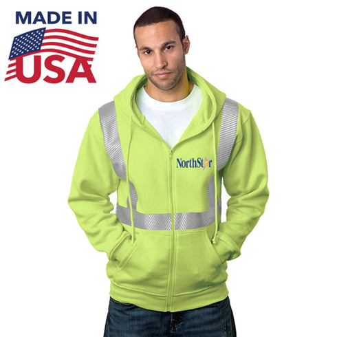 USA Made Class 2 Pre-Shrunk Segmented Safety Full Zip Hoodie | Safety yellow