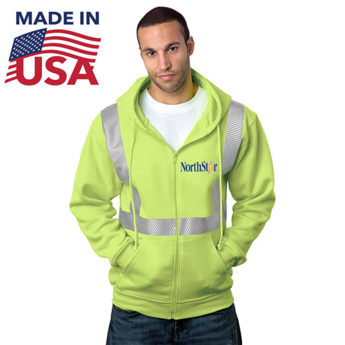 USA Made Class 2 Pre-Shrunk Segmented Safety Full Zip Hoodie | Safety yellow