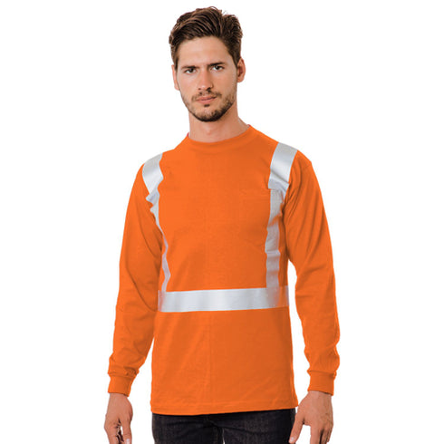 USA Made Class 2 Poly-Cotton Safety Long Sleeve T-Shirt With Pocket | Safety orange