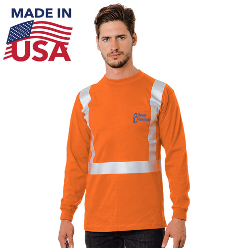 USA Made Class 2 Poly-Cotton Safety Long Sleeve T-Shirt With Pocket | Safety orange
