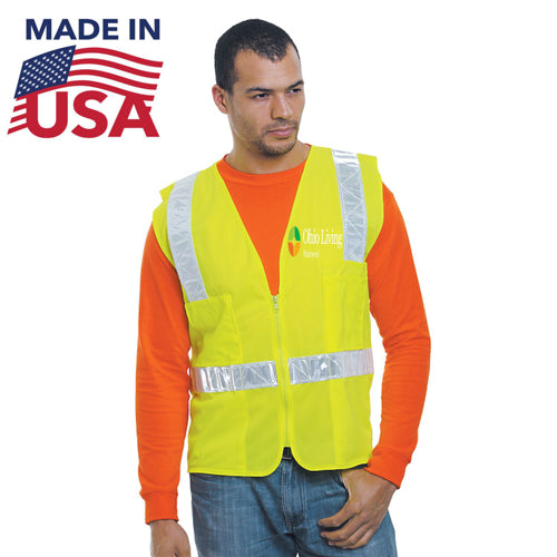 USA Made Class 2 Polyester Safety Zipper Vest With Pockets | Safety yellow