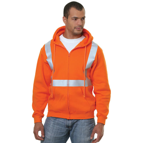 USA Made Class 2 Poly-Cotton Pre-Shrunk Safety Full Zip Hoodie | Safety orange