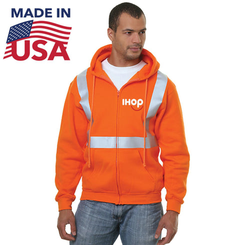 USA Made Class 2 Poly-Cotton Pre-Shrunk Safety Full Zip Hoodie | Safety orange