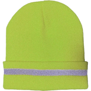 Reflective Stripe Knitted Cuffed Safety Winter Beanie | Safety Yellow
