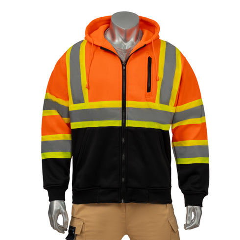 Class 3 Two Tone Color Block Reflective Safety Zipper Hoodie | Safety orange