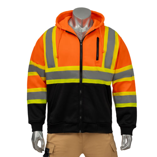 Class 3 Two Tone Color Block Reflective Safety Zipper Hoodie | Safety orange