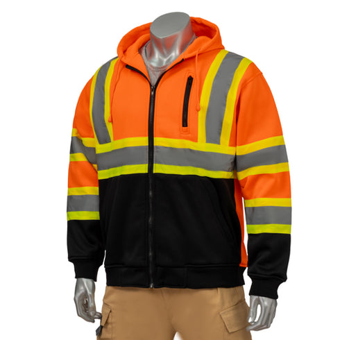 Class 3 Two Tone Color Block Reflective Safety Zipper Hoodie | Safety orange