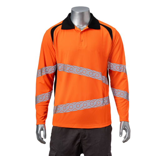 Class 3 Safety Long Sleeve Polo With 2" Segmented Tape | Front side | Safety orange