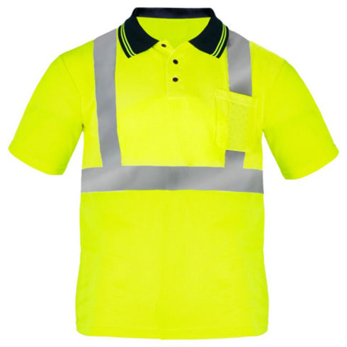 Class 2 100% Cotton Knitted Reflective Polo Shirt With Pocket | Front side | Safety yellow