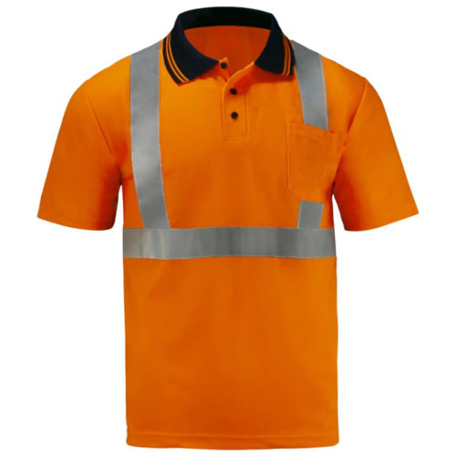 Class 2 100% Cotton Knitted Reflective Polo Shirt With Pocket | Front side | Safety orange