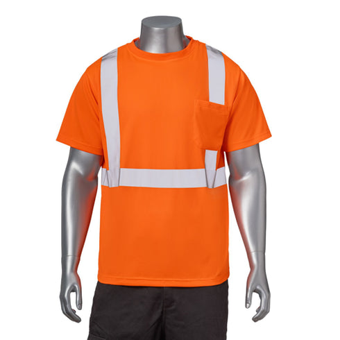Class 2 Polyester Reflective Tape Safety T-Shirt With Pocket | Front side | Safety orange