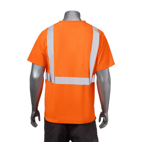 Class 2 Polyester Reflective Tape Safety T-Shirt With Pocket | Back side | Safety orange