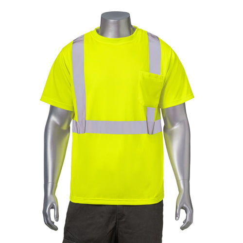 Class 2 Polyester Reflective Tape Safety T-Shirt With Pocket | Front side | Safety yellow