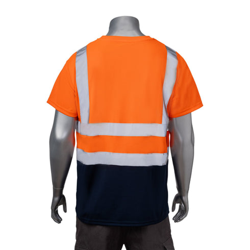 Class 2 Polyester Color Block Reflective Tape Safety T-Shirt | Back side | Safety orange