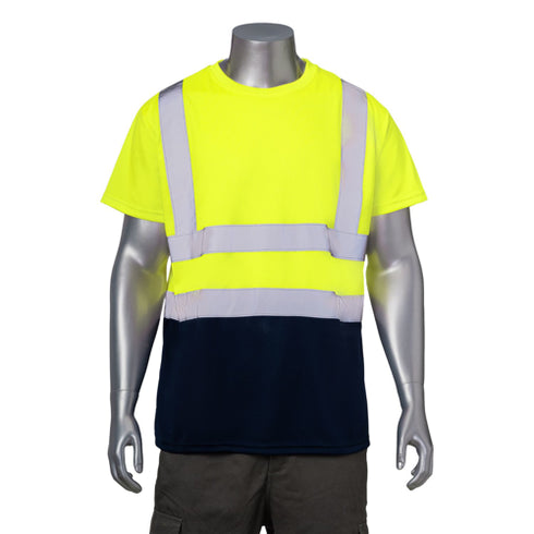 Class 2 Polyester Color Block Reflective Tape Safety T-Shirt | Front side | Safety yellow
