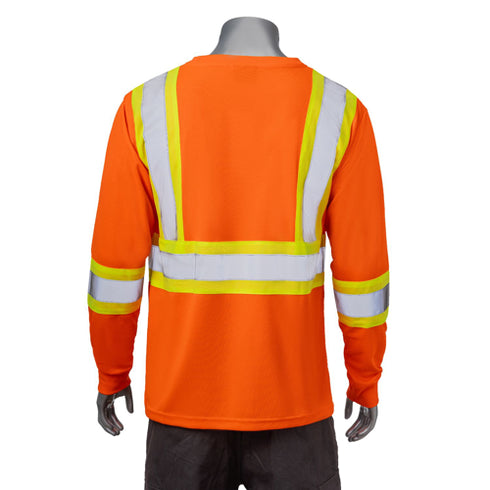 Reflective Tape Safety T-Shirt W/ Pocket & Dual Mic Tab | Back side | Safety orange