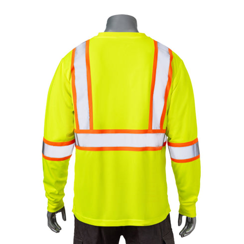 Reflective Tape Safety T-Shirt W/ Pocket & Dual Mic Tab | Back side | Safety yellow