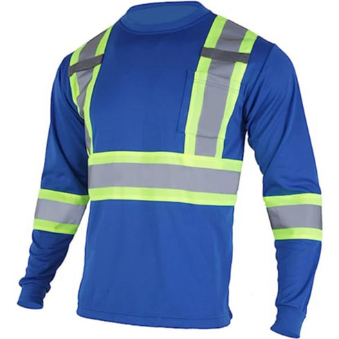 Reflective Tape Safety T-Shirt W/ Pocket & Dual Mic Tab | Front side | Safety blue