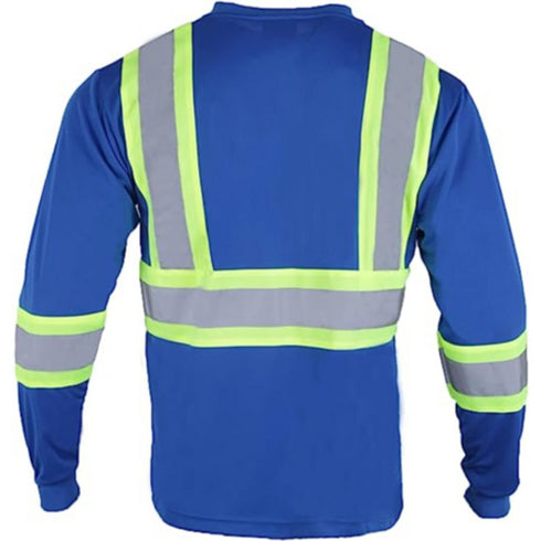 Reflective Tape Safety T-Shirt W/ Pocket & Dual Mic Tab | Back side | Safety blue