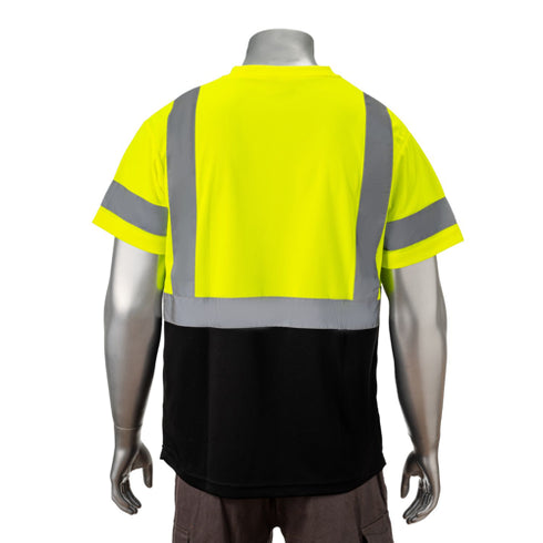 Class 3 Polyester Color Block Reflective Tape Safety T-Shirt W/ Pocket | Back side | Safety yellow