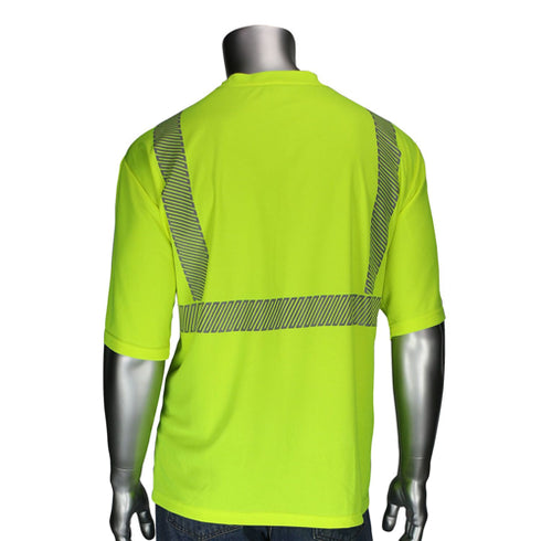 Class 2 Color Block Segmented Tape Safety T-Shirt W/ Pocket | Back side | Safety yellow