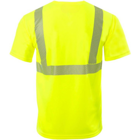 Polyester Segmented Tape Safety T-Shirt With Pocket | Back side | Safety yellow