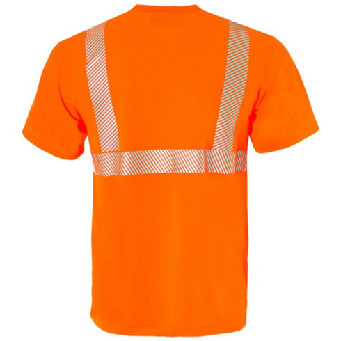 Polyester Segmented Tape Safety T-Shirt With Pocket | Back side | Safety orange