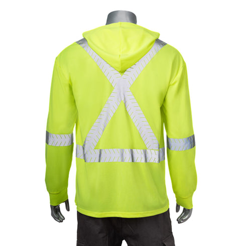 Segmented Tape Cross Back Safety Hooded Pocket T-Shirt | Back side | Safety yellow