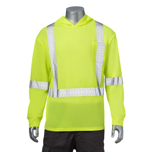 Segmented Tape Cross Back Safety Hooded Pocket T-Shirt | Front side | Safety yellow