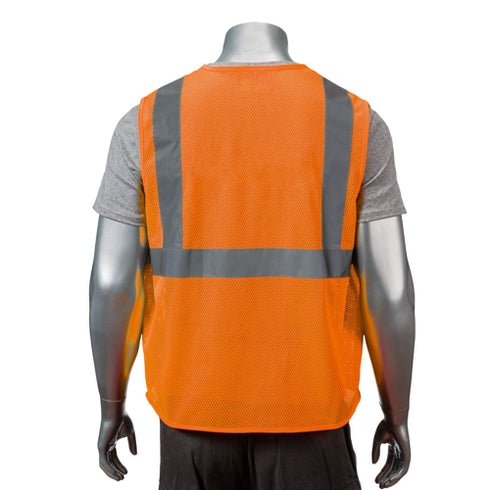 Class 2 3.8 Oz. Polyester Reflective Tape Safety Hook & Loop Vest With Pocket | Back side | Safety orange