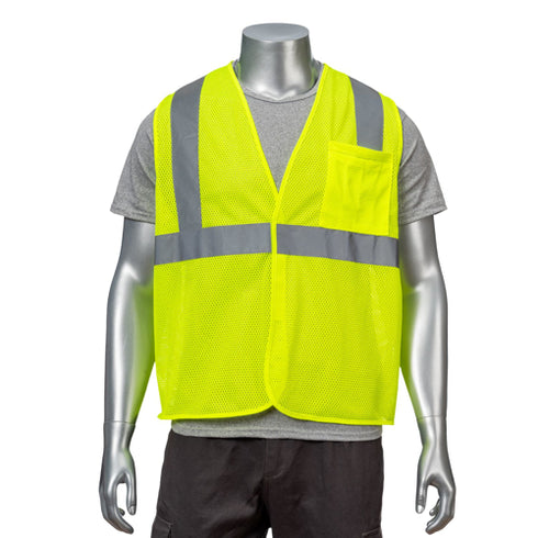 Class 2 3.8 Oz. Polyester Reflective Tape Safety Hook & Loop Vest With Pocket | Front side | Safety yellow