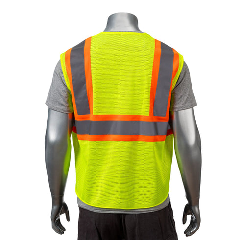 Class 2 Polyester Reflective Tape Safety Hook & Loop Vest With Pocket | Back side | Safety yellow