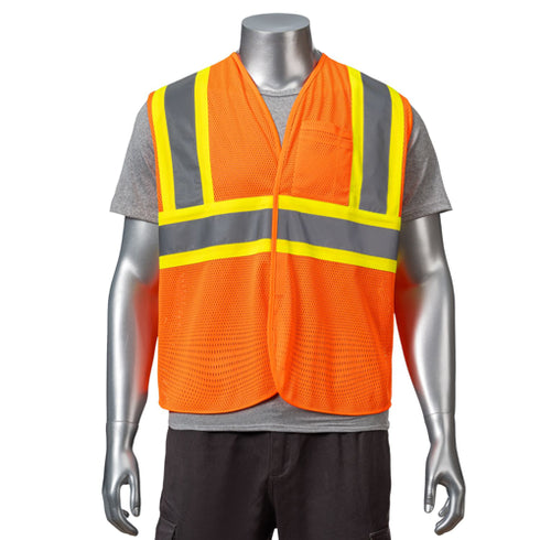Class 2 Polyester Reflective Tape Safety Hook & Loop Vest With Pocket | Front side | Safety orange