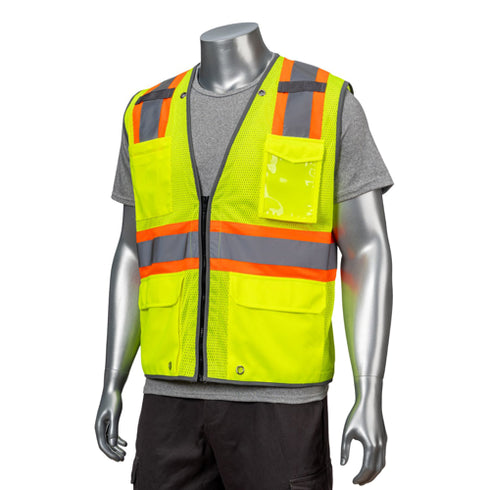 Class 2 Reflective Cross Back Safety Vest | Mic Tab & 4 Pockets | Safety yellow