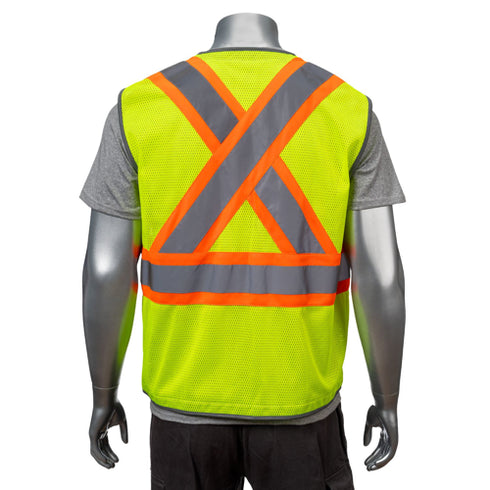 Class 2 Reflective Cross Back Safety Vest | Mic Tab & 4 Pockets | Back side | Safety yellow