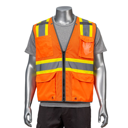 Class 2 Reflective Cross Back Safety Vest | Mic Tab & 4 Pockets | Front side | Safety orange