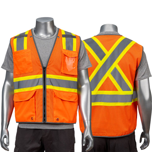 Class 2 Reflective Cross Back Safety Vest | Mic Tab & 4 Pockets | Safety orange